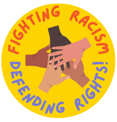 Graphic of hands crossing in a team dynamic with text reading, "Fighting racism defending rights"