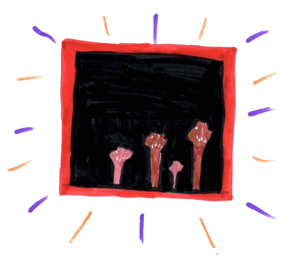 Child's illustration of hands raised in solidarity. Artwork produced as part of Children's Parliament's exploration of Anti-racist education, 2021.