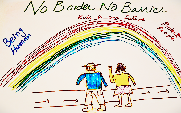 No Border No Barrier, children's artwork illustrating two friends crossing a road under a rainbow.