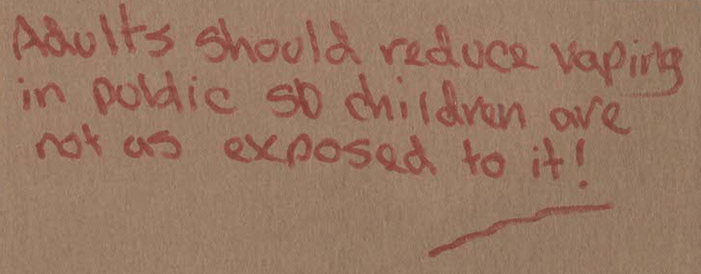 An example of an idea includes: “Adults should reduce vaping in public, so children are not as exposed to it”