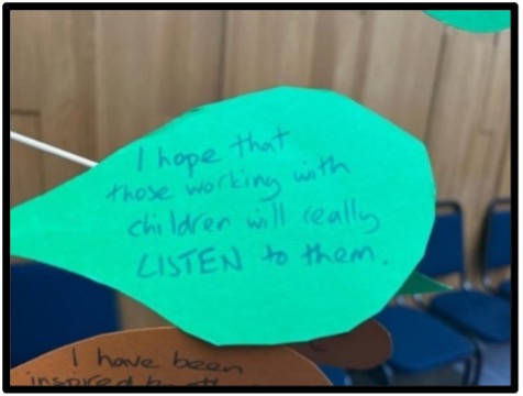 A green leaf with the following written on it: "I hope that those working with children will really listen to them."