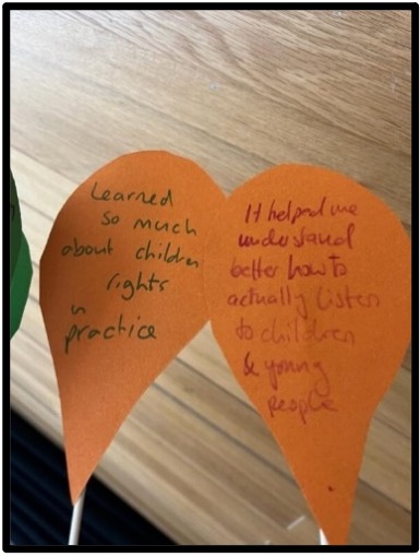 Orange leaves, one with text: "Learned so much about children rights in practice", and the other saying, "It helped me understand better how to actually listen to children and young people".